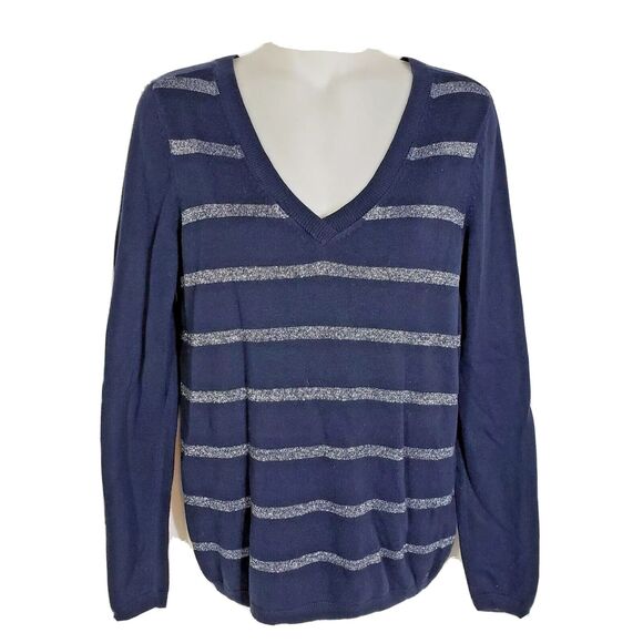 Tommy Hilfiger Women's Sweater Small Navy Blue Silver Stripe V Neck Wool Blend - Picture 4 of 10